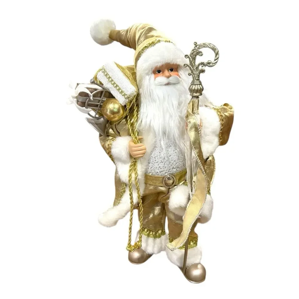 Christmas Santa Claus Doll Gold White Staff Standing Tabletop Decor 19